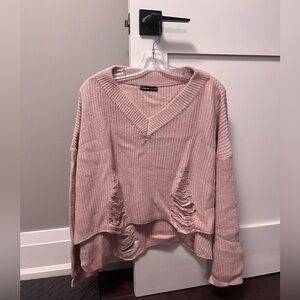SHEIN Pink V-Neck Distressed Sweater